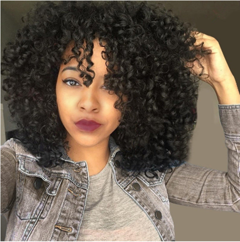 Short Curly Wig with Long Bangs – High Temperature Synthetic Fiber