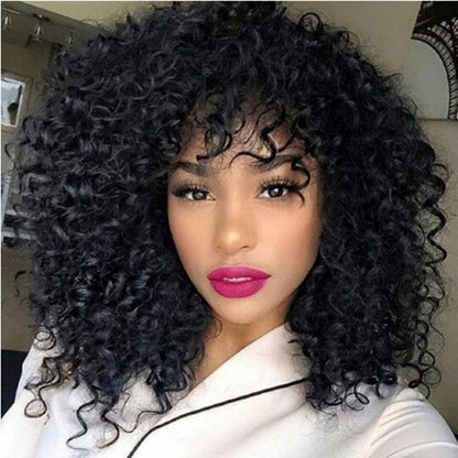 Short Curly Wig with Long Bangs – High Temperature Synthetic Fiber